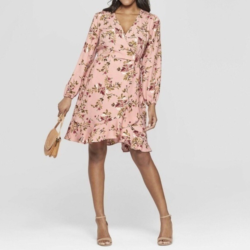 CLEARANCE NWOT Pink Floral Faux Wrap Long Sleeve Dress New Belted Surplice
